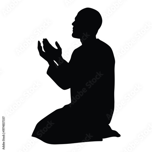 Man in prayer position silhouette isolated on white background in a gesture of supplication or worship  a person kneeling in devotion