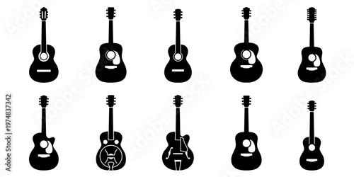 Acoustic guitar silhouette icons set, 10 musical instrument vector elements, black flat stringed instruments for music festival branding and logo design