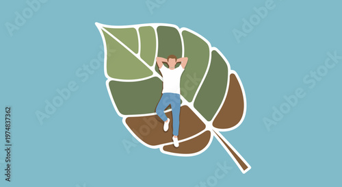 Man relaxing on a stylized leaf, symbolizing nature, environment, and tranquility