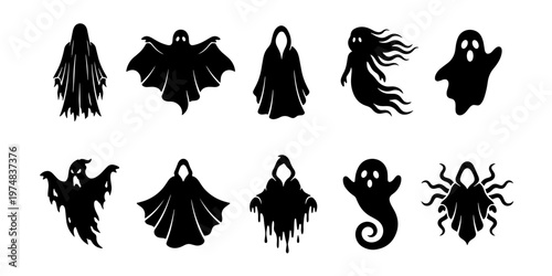 Spooky Halloween ghost silhouettes set, 10 black phantom icons and hooded spirit vectors, creepy flying specter and grim reaper character collection