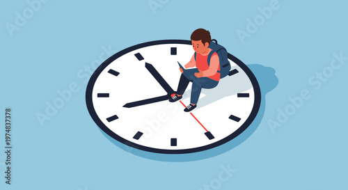 Young person with backpack sits on a large clock face, engrossed in a smartphone, symbolizing time, waiting, and modern digital distraction.