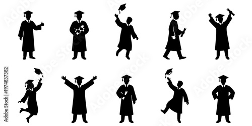 Graduation student silhouettes set, 10 vector elements of graduates in academic gowns and caps, celebrating university commencement ceremony