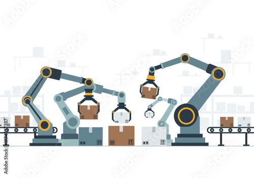 Industrial robotic arms in factory.