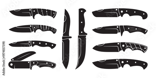 Set of isolated black knife silhouettes vector collection various types including tactical folding and hunting knives.