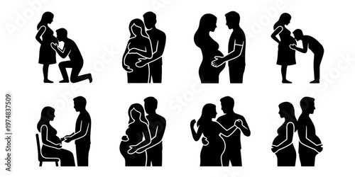 Pregnant couple silhouette icons set, 8 maternity vector elements of expecting parents, black silhouettes of man and pregnant woman together