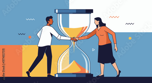 Business partners shaking hands over an hourglass, symbolizing time management, collaboration, and successful deal making.