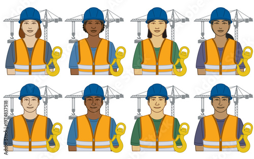 
diversity, race, ethnicity of crane operator vector icons, male and female, wearing hard hat and safety vest, including tower crane and crane hook, isolated on a white background