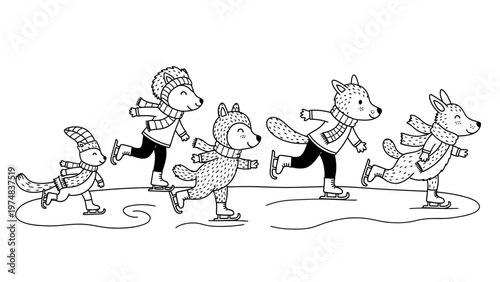 Cartoon animals ice skating together.