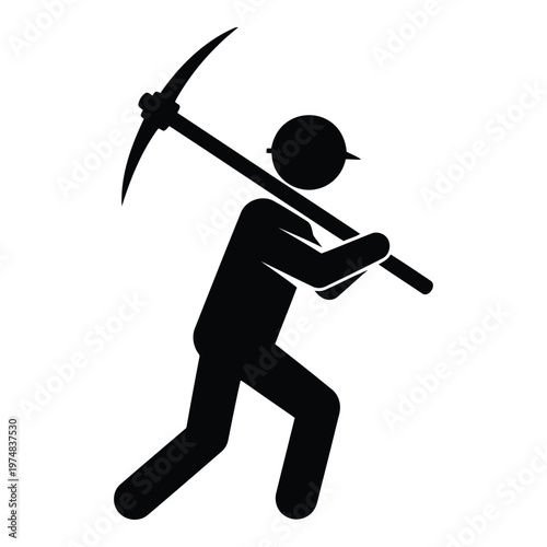 Man holding pickaxe on shoulder in black silhouette standing on white background