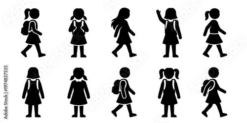 School girl silhouette icons set, 10 student characters with backpacks, black female pupil figures walking and standing, education vector graphics