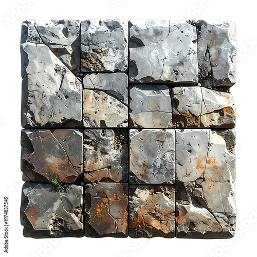 A square composition of rough, irregularly shaped stone blocks, showing cracks and discoloration on a bright white background