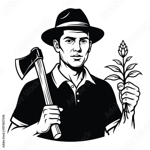 Man holding axe and plant in black and white illustration  farmer or gardener with hat and tools for agriculture or landscaping
