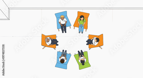 Group therapy session: diverse people sitting in a circle on chairs, discussing issues in a safe, supportive environment.