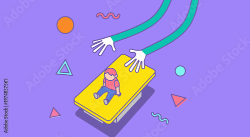 Abstract illustration of a person lying on a yellow platform, with large cartoon hands reaching down from above.