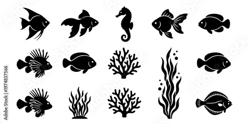 Black silhouette fish icons set, tropical sea life and coral reef elements, 14 underwater animal vector illustrations for marine design