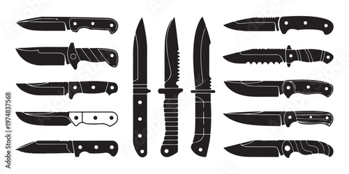 Hunting knives set, outdoor camping tools with sharp blades, various styles of combat or survival knives.