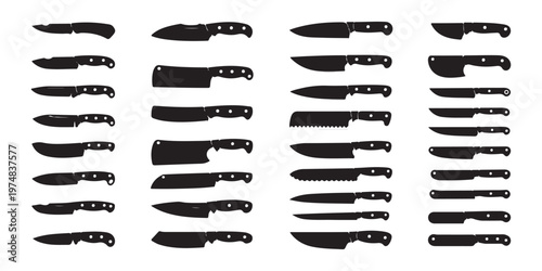 Variety of knife types collection simple vector illustrations for culinary and kitchen use.