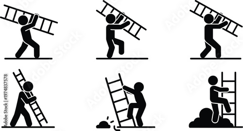 Black silhouette icons of people working with ladders, carrying, climbing, and lifting, industrial and construction symbols, 6 pictograms set