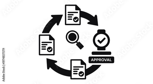 Business approval process and checklist icon set illustrating workflow steps, task validation and verification for management and corporate operations.