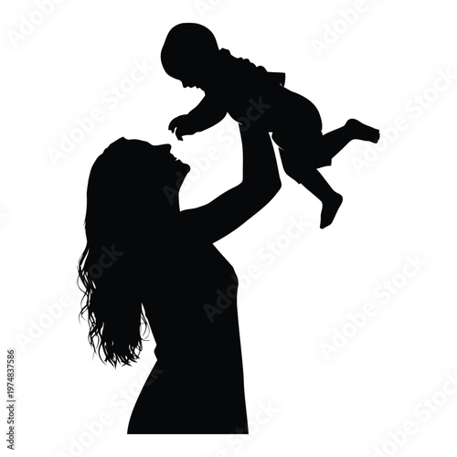 Joyful mother silhouette tossing her happy baby in the air celebrating family love and childhood innocence with a clear silhouette representing bonding