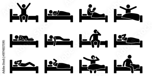 Stick figure sleeping icons set, person in bed routine vector, 12 human pictograms showing morning wake up and night rest positions