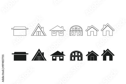 Collection of ten diverse house icons in black and white, showcasing various architectural styles and designs, perfect for graphic design projects.
