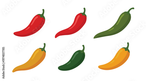 A colorful illustration featuring six different chili pepper varieties.