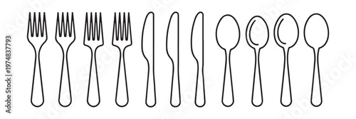 Cutlery set black outline. fork spoon knife icon restaurant kitchen tool collection vector illustration.