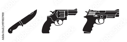 Weapon collection handgun knife revolver pistol silhouette icons vector illustration isolated on white.