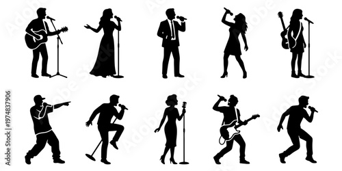 Singer silhouette vector collection, professional musicians and vocalists performing on stage, set of 10 music artist silhouettes with microphones and guitars