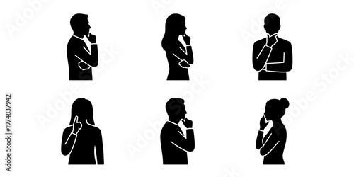 Thinking people silhouette icons, set of 6 black vector avatars in pensive poses, men and women contemplating with hand on chin, decision making symbols