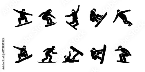 Snowboarding silhouette collection, 10 winter sports icons of snowboarders jumping and performing tricks, black minimalist vector set of extreme athletes