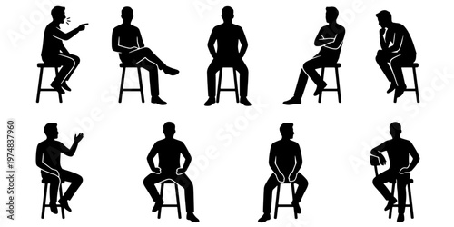 Black silhouette man sitting on stool set, male figure sitting poses vector collection, people sitting on chairs icons for architectural visualization