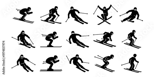 Skiing silhouette icons set, 15 professional skier vector elements, downhill alpine skiing poses, winter sports athlete pictograms for mountain resort branding