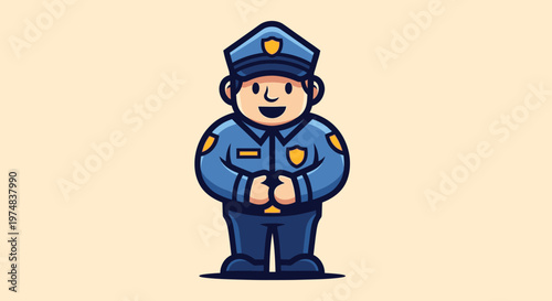 Cartoon police officer character in blue uniform standing and smiling.