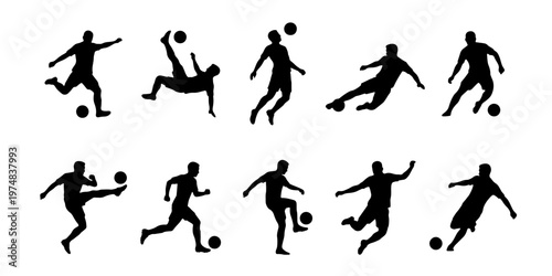 Soccer player silhouettes set of 10 vector icons, football athletes in action poses, black male sports figures kicking and heading ball