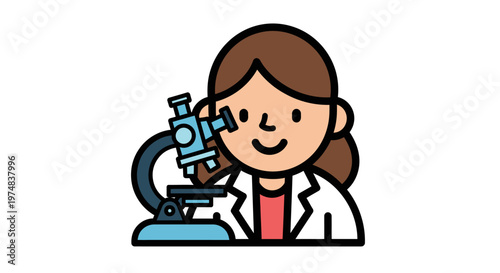 Female scientist using microscope in laboratory research illustration.