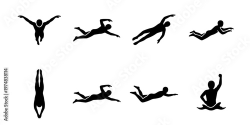 Swimming athlete silhouette set, 8 black swimmer icons in various water sport poses, professional competition swimming strokes vector collection