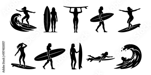 Surfing girl silhouettes collection, female surfer icons with surfboards and ocean waves, black vector set of 10 summer beach sports elements