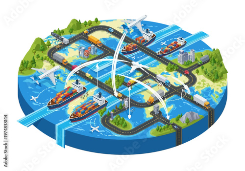 Airplanes and ships transportation network.