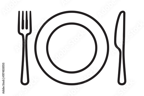 Place setting with plate fork and knife vector outline illustration for dining and restaurant concepts.