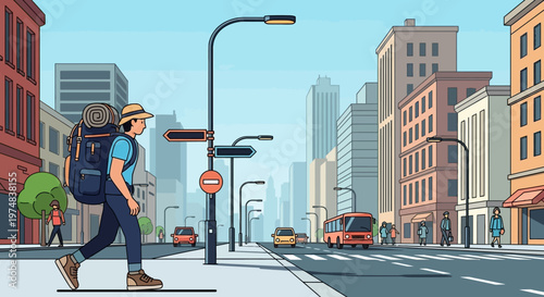 Young Man Walking Down City Street.