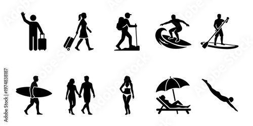 Travel and vacation icons set, black silhouette people in summer holiday activities, 10 vector elements for tourism and outdoor recreation