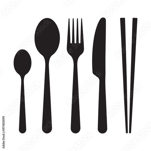 Culinary utensils collection featuring two spoons fork knife and chopsticks silhouettes for assorted cuisines.