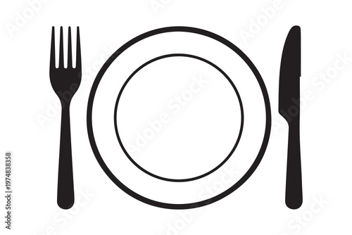 Plate with fork and knife silhouette isolated on white background symbol for restaurant dinner service design.