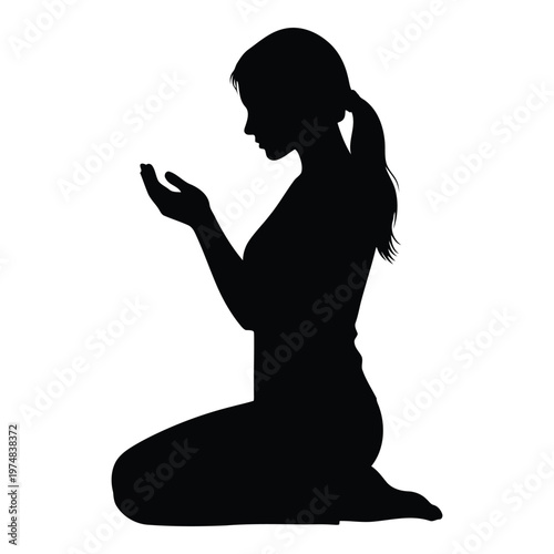 A silhouette of a woman kneeling with her hands open and palms up in a gesture of prayer or supplication with her head tilted slightly downward