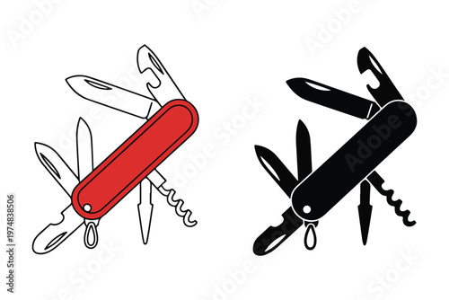 Swiss army knife outline vector art, tourist pocket knife or multi-tool camping icon in flat style.