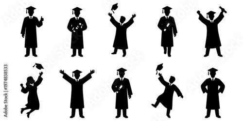 Graduation student silhouettes set, 10 university graduates in academic gowns and caps, celebrating students with diplomas and mortarboards