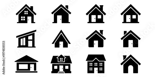 Minimalist house icon set, 12 black home vector symbols, residential building silhouettes for real estate website and property app interface