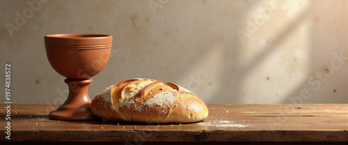 Clay goblet with wine and loaf of bread on wooden table for Maundy Thursday  